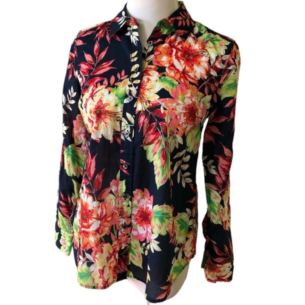 Talbots Tropical Vibrant floral motif Featherweight gauzy cotton fabric Size L